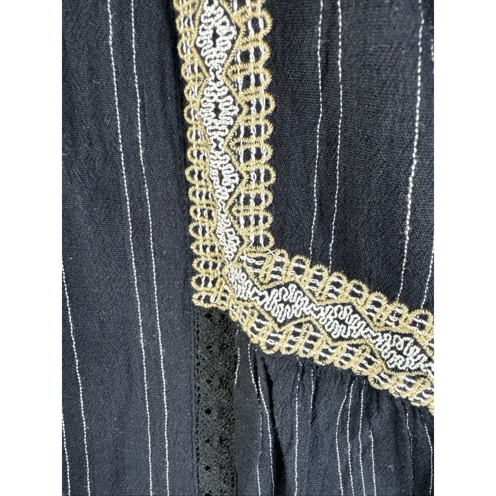 J Jill Tunic Blouse M Black Pinstripe‎  Embroidery Notch Neck Boho Top
